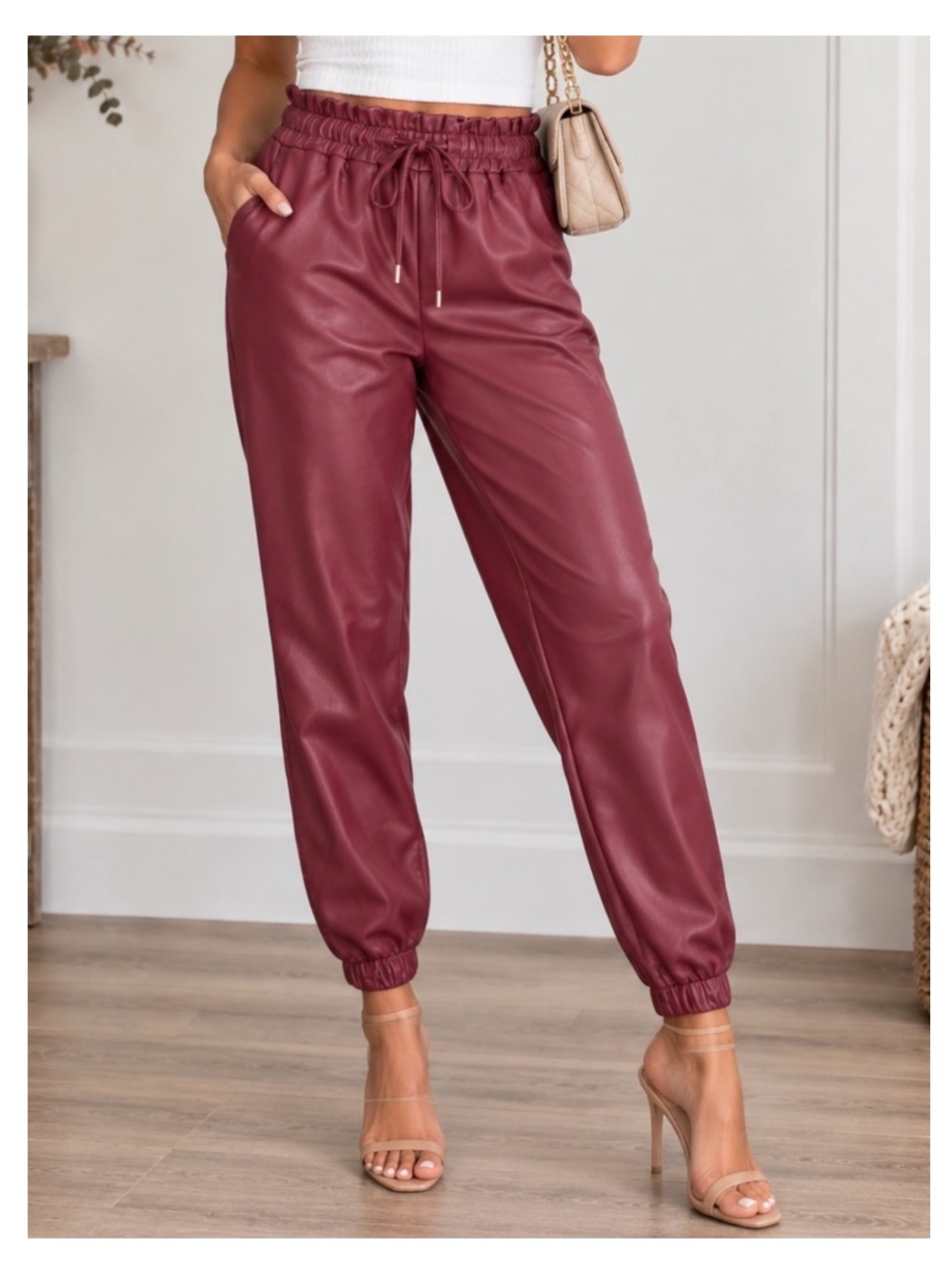 NWT LOVELO Faux Leather Elastic-Waist Drawstring Joggers w/Pockets in Wine